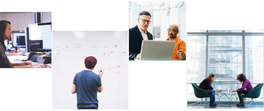 Collage of images showing office employees collaborating, walking, working at computers, using a whiteboard, having a discussion in front of a laptop.