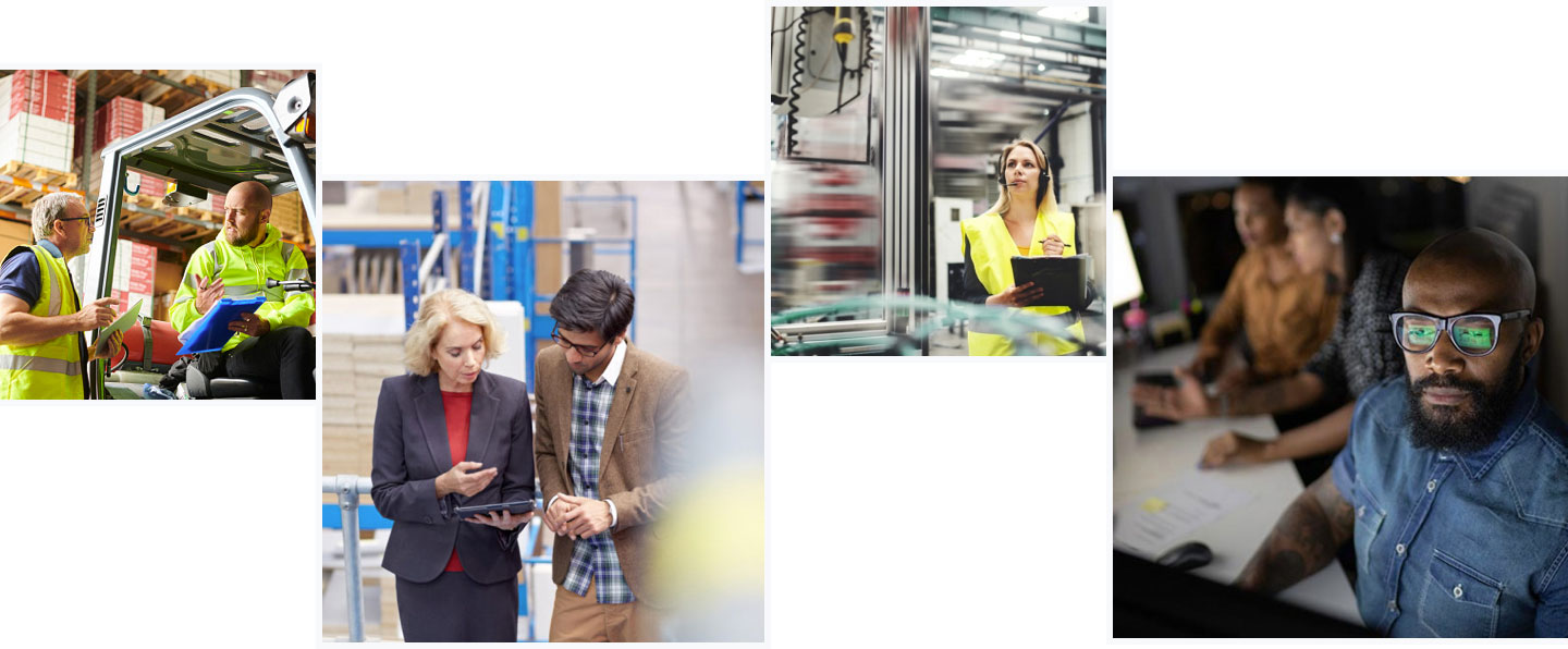 Four images showing supervisors and workers communicating in a warehouse, collaborating over a mobile tablet, recording data and concentrating at computers