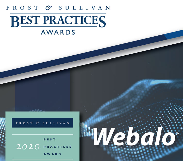 Image shows the title page of a report titled:  Frost & Sullivan's 2020 Customer Value Award - Webalo.